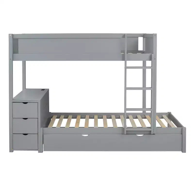 Lit superposé avec lit gigogne et bureau, cadre de lit superposé en bois massif avec tiroirs de rangement et étagères pour chambre d'enfants et d'adultes