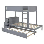 Lit superposé avec lit gigogne et bureau, cadre de lit superposé en bois massif avec tiroirs de rangement et étagères pour chambre d'enfants et d'adultes