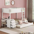 Lit superposé avec lit gigogne et bureau, cadre de lit superposé en bois massif avec tiroirs de rangement et étagères pour chambre d'enfants et d'adultes