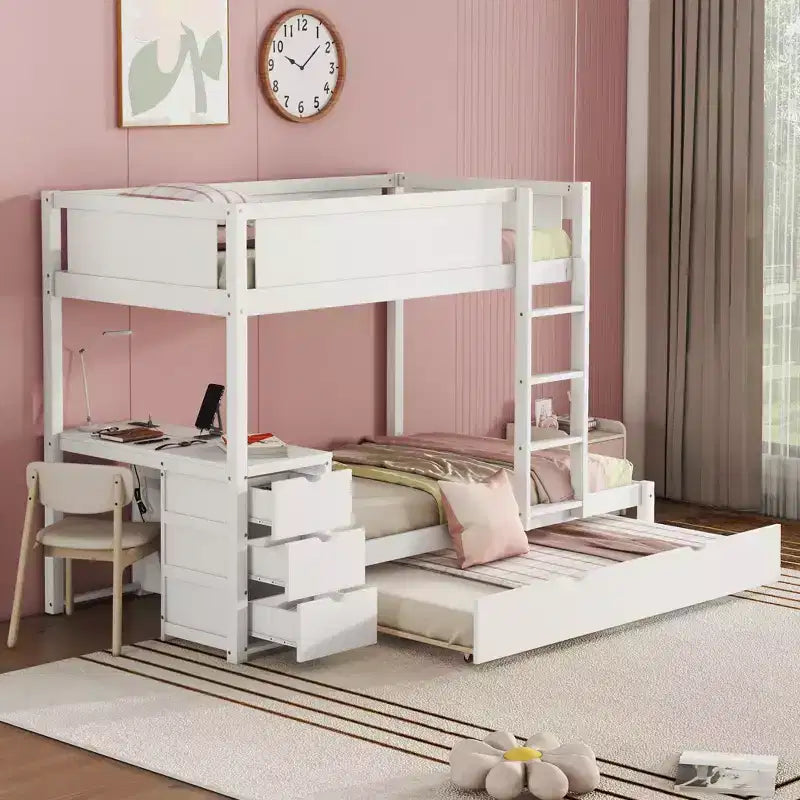 Lit superposé avec lit gigogne et bureau, cadre de lit superposé en bois massif avec tiroirs de rangement et étagères pour chambre d'enfants et d'adultes
