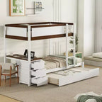 Lit superposé avec lit gigogne et bureau, cadre de lit superposé en bois massif avec tiroirs de rangement et étagères pour chambre d'enfants et d'adultes