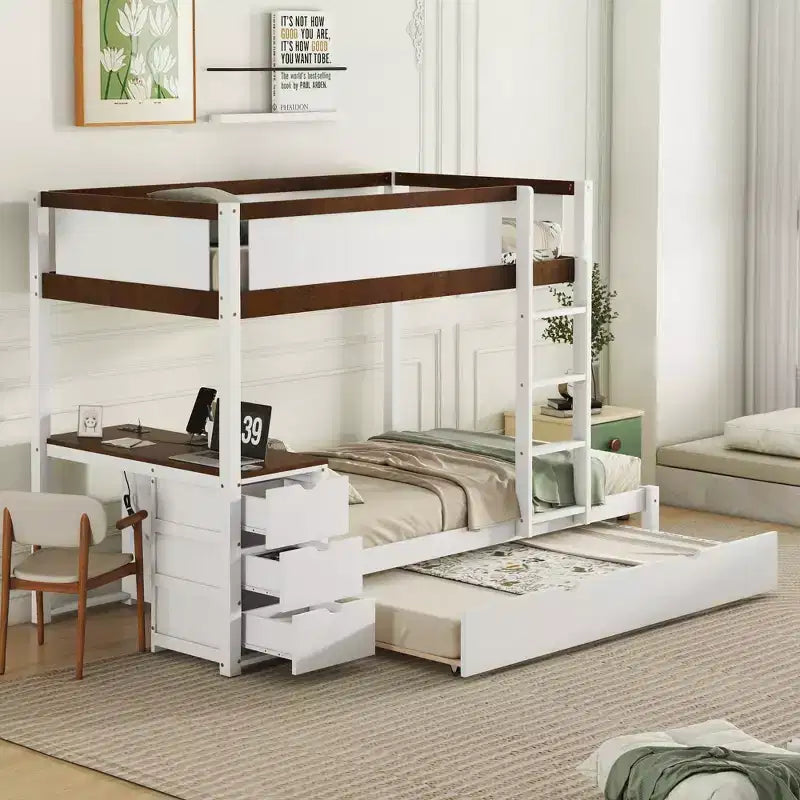 Lit superposé avec lit gigogne et bureau, cadre de lit superposé en bois massif avec tiroirs de rangement et étagères pour chambre d'enfants et d'adultes