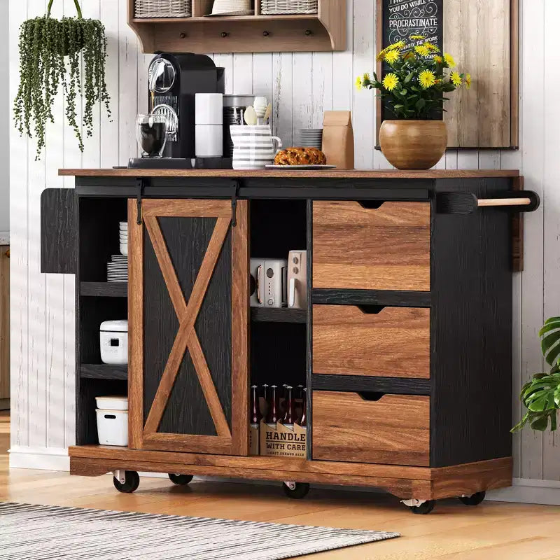 55.5 Kitchen Island Cart with Drop Leaf, Kitchen Storage Island with Barn Door, Rolling Kitchen Cart Table, Kitchen Island On Wheels