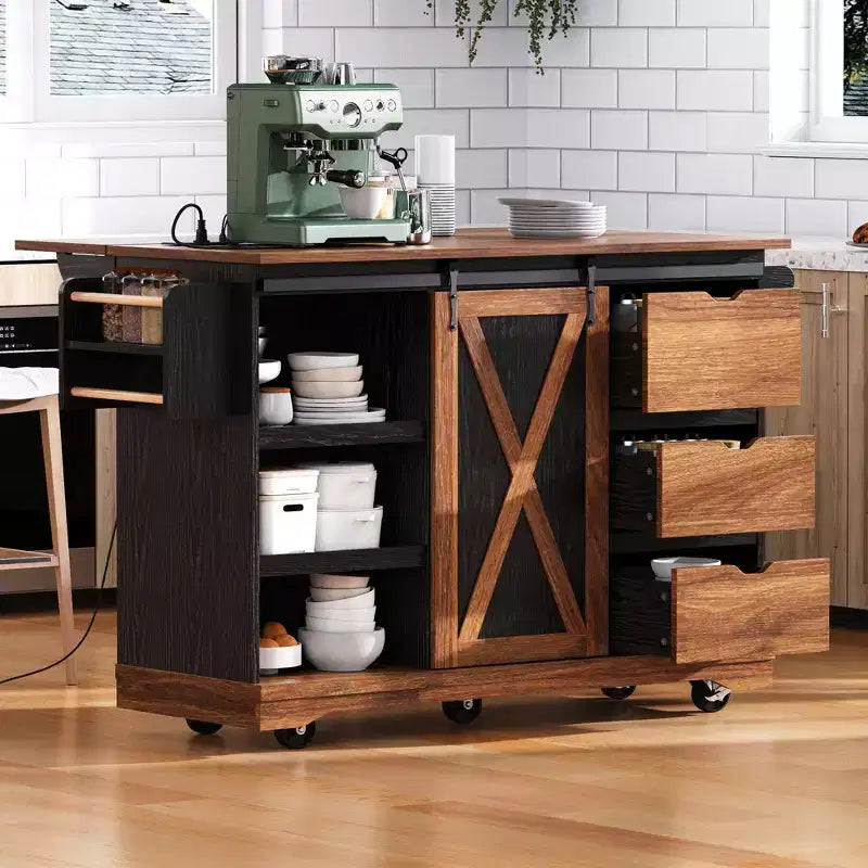 55,5" chariot de cuisine avec abattant, îlot de cuisine de rangement avec porte de grange, chariot de cuisine roulant, îlot de cuisine sur roulettes