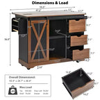 55,5" chariot de cuisine avec abattant, îlot de cuisine de rangement avec porte de grange, chariot de cuisine roulant, îlot de cuisine sur roulettes
