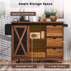 55,5" chariot de cuisine avec abattant, îlot de cuisine de rangement avec porte de grange, chariot de cuisine roulant, îlot de cuisine sur roulettes
