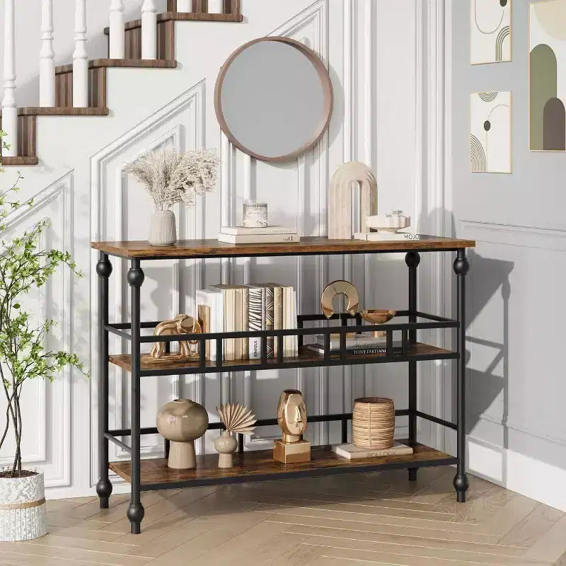 Coolmee Table de canapé de 109 cm, console étroite de style fermier avec 2 étagères ouvertes et pieds, meuble d'appoint à placer derrière un canapé pour appartement, pièce compacte