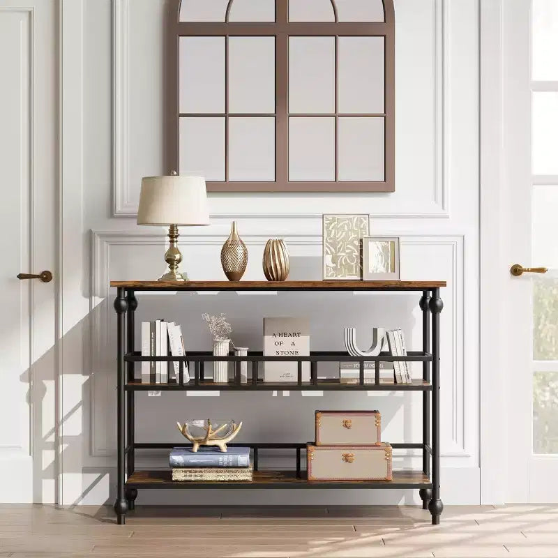 Coolmee Table de canapé de 109 cm, console étroite de style fermier avec 2 étagères ouvertes et pieds, meuble d'appoint à placer derrière un canapé pour appartement, pièce compacte