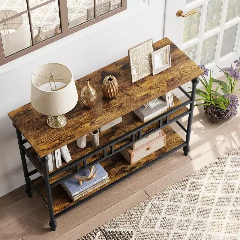 Coolmee Table de canapé de 109 cm, console étroite de style fermier avec 2 étagères ouvertes et pieds, meuble d'appoint à placer derrière un canapé pour appartement, pièce compacte