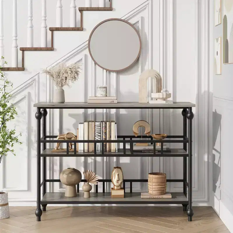 Coolmee Table de canapé de 109 cm, console étroite de style fermier avec 2 étagères ouvertes et pieds, meuble d'appoint à placer derrière un canapé pour appartement, pièce compacte