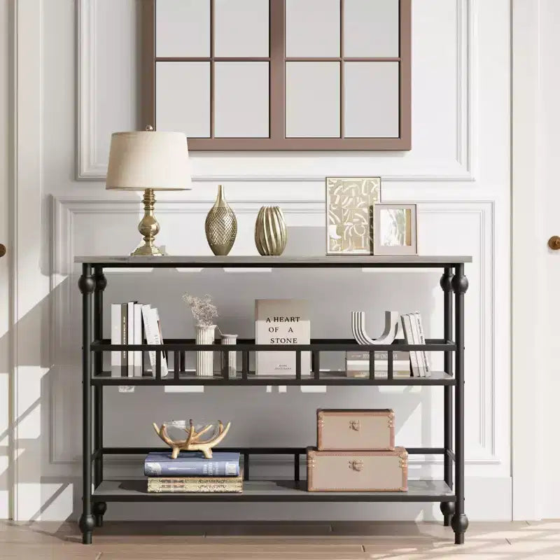 Coolmee Table de canapé de 109 cm, console étroite de style fermier avec 2 étagères ouvertes et pieds, meuble d'appoint à placer derrière un canapé pour appartement, pièce compacte