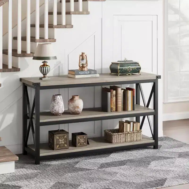 Table console industrielle longue Coolmee, table d'entrée à 3 niveaux de 47 pouces avec étagères de rangement, table d'entrée pour vestibule, couloir, salon