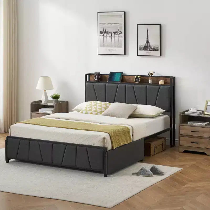Bed Frame with USB Charging - Platform Bed with Storage Drawers, Upholstered Linen Headboard, Noise-Free Support, No Box Spring Needed