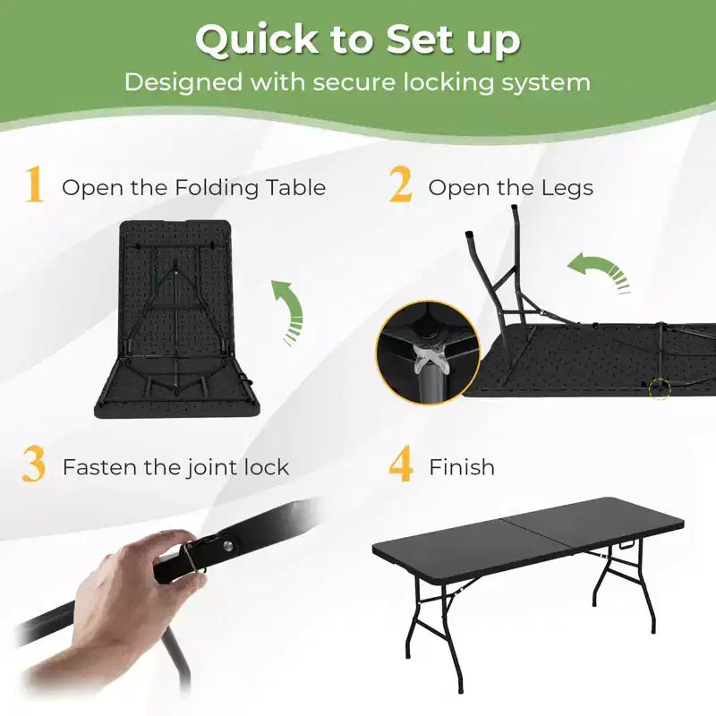 Table pliante de 1,8 m Costway, portable en plastique, pour intérieur/extérieur, pique-nique, dîner, camping, blanc/noir