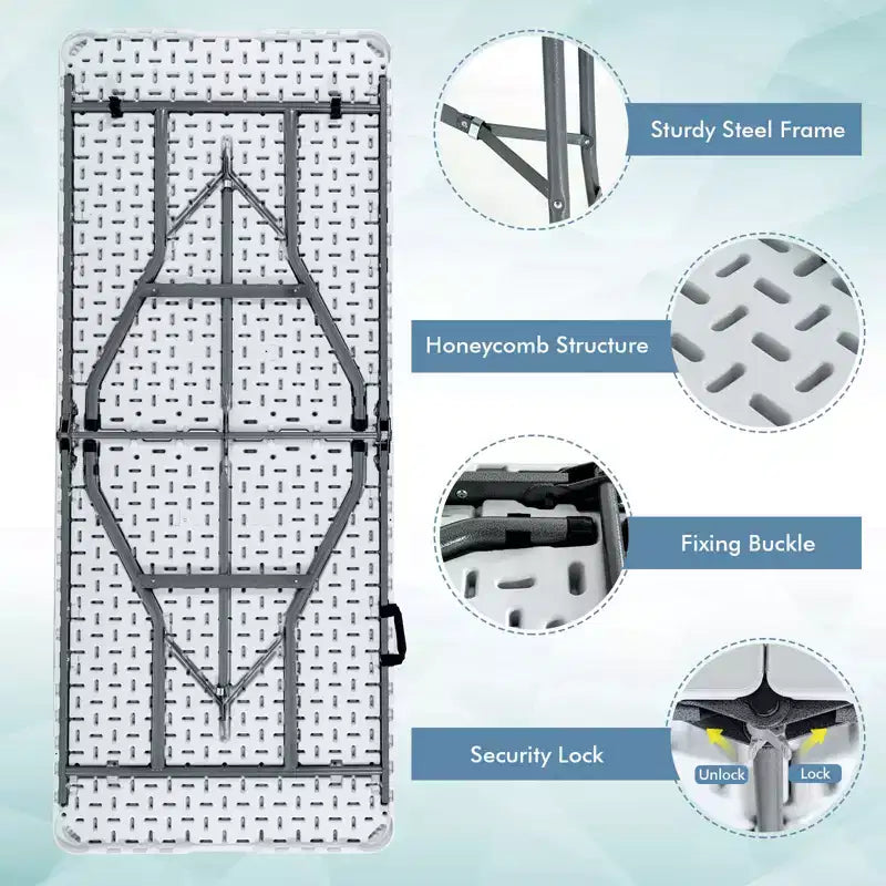 Table pliante de 1,8 m Costway, portable en plastique, pour intérieur/extérieur, pique-nique, dîner, camping, blanc/noir