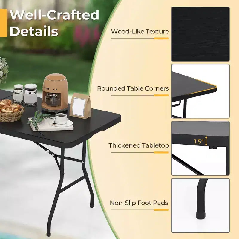 Table pliante de 1,8 m Costway, portable en plastique, pour intérieur/extérieur, pique-nique, dîner, camping, blanc/noir
