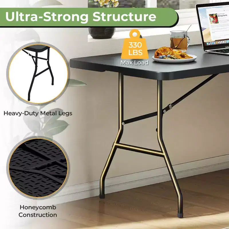 Table pliante de 1,8 m Costway, portable en plastique, pour intérieur/extérieur, pique-nique, dîner, camping, blanc/noir