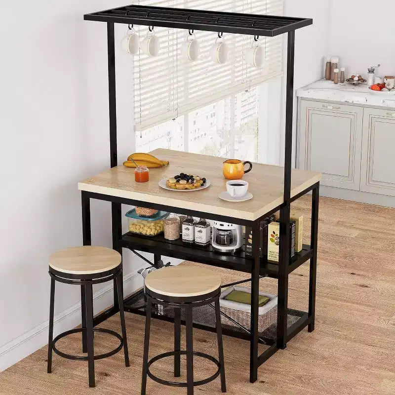 Acekool Combinaison îlot de cuisine et table à manger double face, étagères de rangement à 3 niveaux, 4 places, chariot roulant, assemblage facile, sans électricité