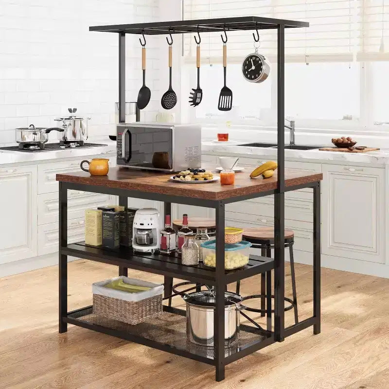 Acekool Combinaison îlot de cuisine et table à manger double face, étagères de rangement à 3 niveaux, 4 places, chariot roulant, assemblage facile, sans électricité