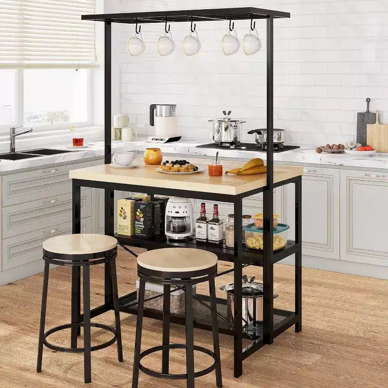 Acekool Combinaison îlot de cuisine et table à manger double face, étagères de rangement à 3 niveaux, 4 places, chariot roulant, assemblage facile, sans électricité