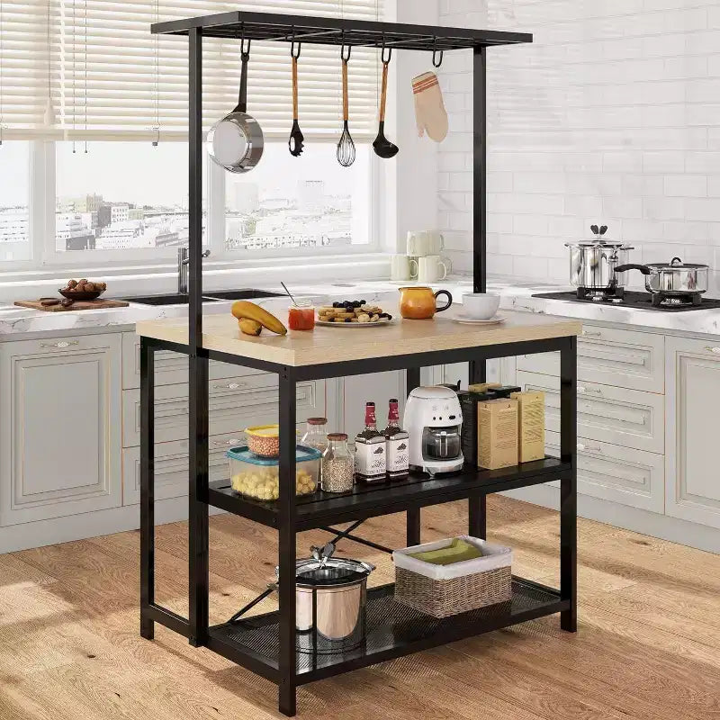 Acekool Combinaison îlot de cuisine et table à manger double face, étagères de rangement à 3 niveaux, 4 places, chariot roulant, assemblage facile, sans électricité