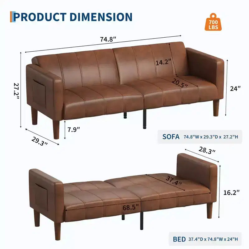 Canapé-lit futon 75, lit convertible, petit canapé en similicuir, causeuse, canapé moderne du milieu du siècle pour salon, chambre à coucher, marron