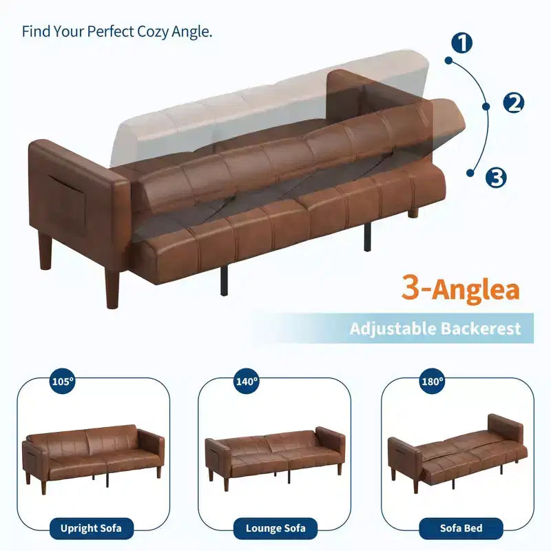 Canapé-lit futon 75, lit convertible, petit canapé en similicuir, causeuse, canapé moderne du milieu du siècle pour salon, chambre à coucher, marron