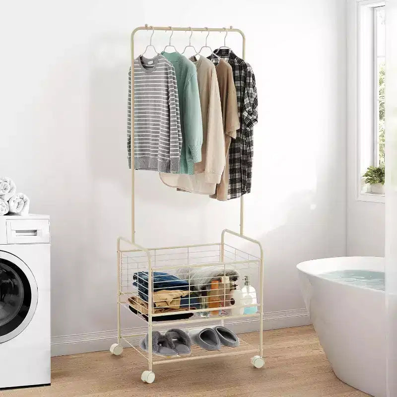 Panier à linge de 172 cm de haut avec porte-vêtements, chariot de service rectangulaire à roulettes pour chambre, abricot
