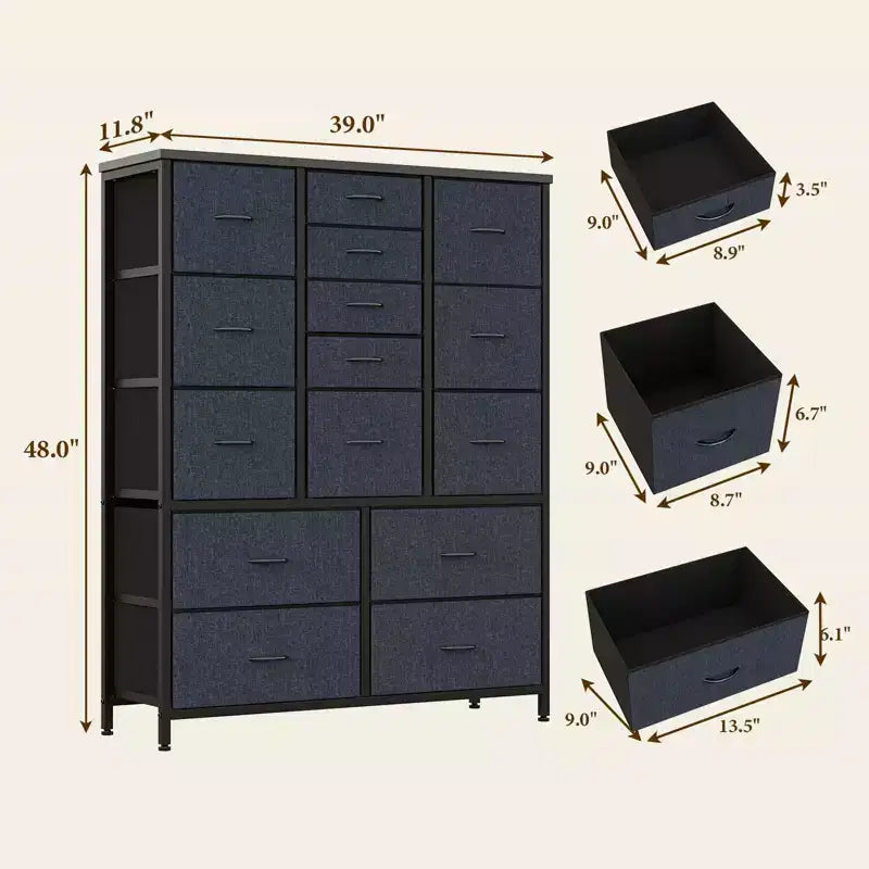 Commode à 15 tiroirs pour chambre à coucher, commode haute et commodes, commode de rangement en tissu peu encombrante pour placard, couloir, salon, grise