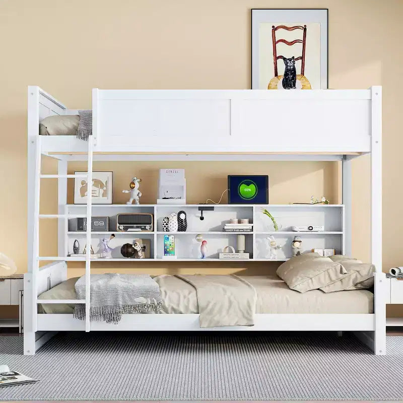 Bunk Bed with Storage Shelves, Solid Wood Bedframe with Cabinets & USB Ports for Bedroom