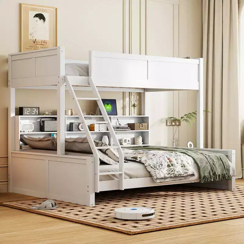 Lit superposé avec étagères de rangement, cadre en bois massif avec armoires et ports USB pour chambre à coucher
