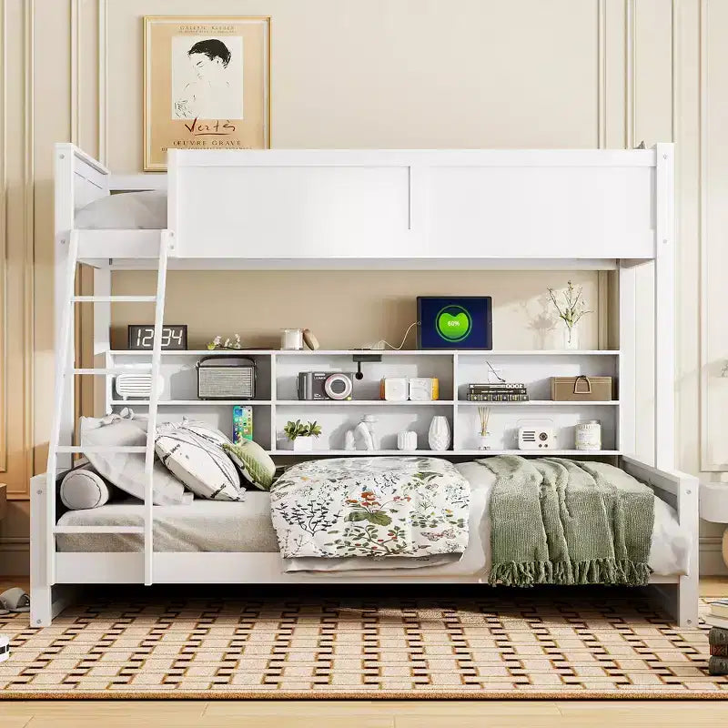 Lit superposé avec étagères de rangement, cadre en bois massif avec armoires et ports USB pour chambre à coucher