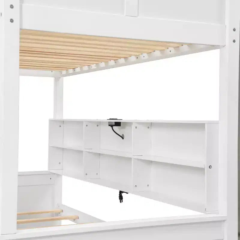 Lit superposé avec étagères de rangement, cadre en bois massif avec armoires et ports USB pour chambre à coucher