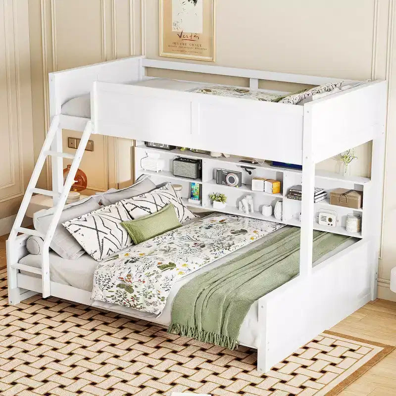 Lit superposé avec étagères de rangement, cadre en bois massif avec armoires et ports USB pour chambre à coucher