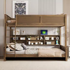Lit superposé avec étagères de rangement, cadre en bois massif avec armoires et ports USB pour chambre à coucher