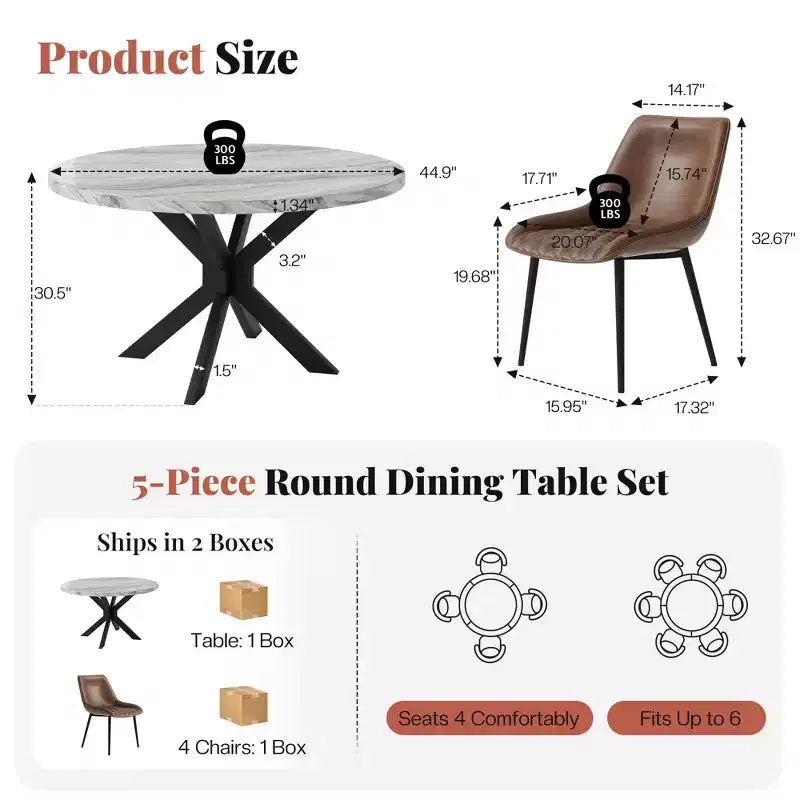 AMERLIFE Ensemble de salle à manger 45 ronds en marbre pour 4, table à manger et chaises de style moderne du milieu du siècle, compacte