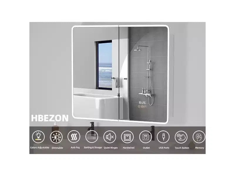 Armoire à pharmacie 36x36 avec miroir LED, montage en surface/encastré, anti-buée, mémoire, éclairage 3 couleurs, USB et prise, variateur, rangement, R