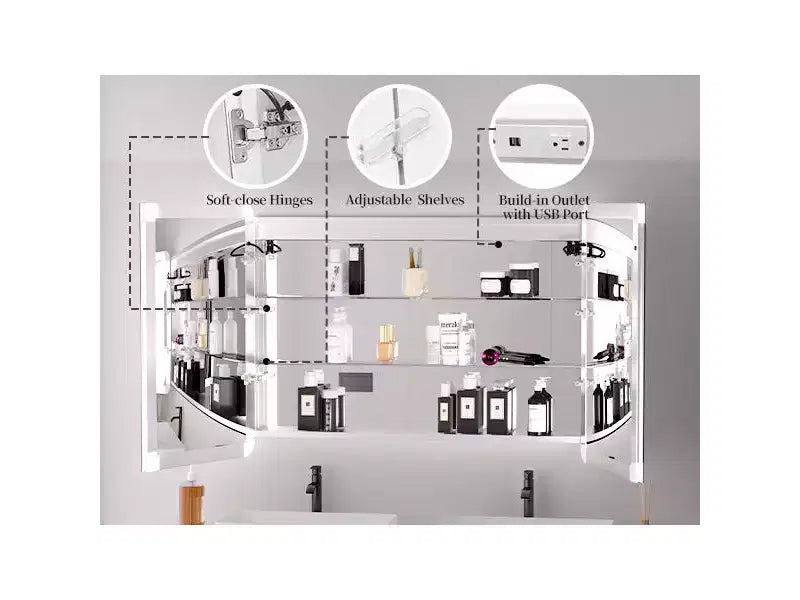 Armoire à pharmacie 36x36 avec miroir LED, montage en surface/encastré, anti-buée, mémoire, éclairage 3 couleurs, USB et prise, variateur, rangement, R