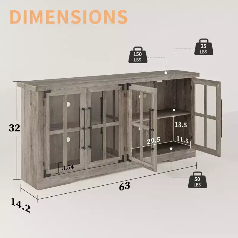 AMERLIFE 63 Buffet de Ferme, Meuble de Rangement en Bois avec Portes Vitrées, Étagères, Rangement pour Salon, Bar à Café