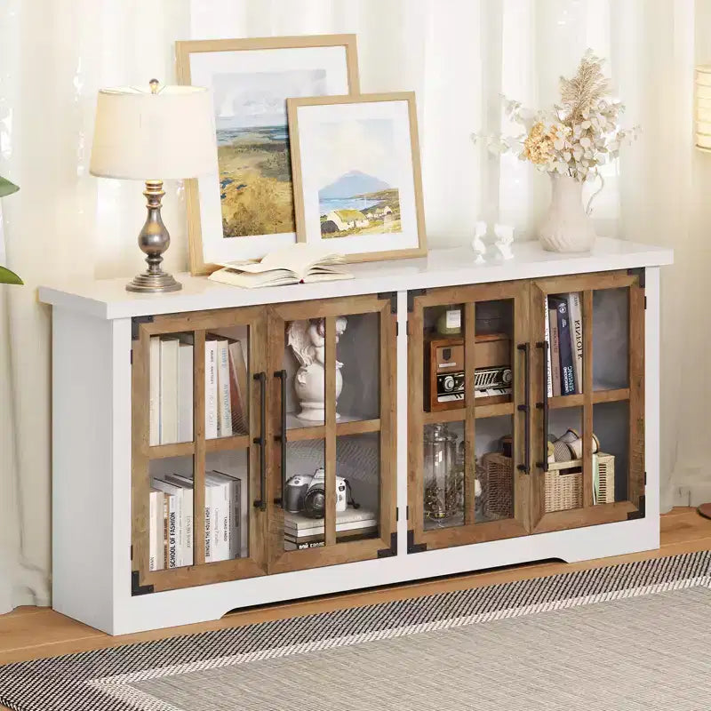 AMERLIFE 63 Buffet de Ferme, Meuble de Rangement en Bois avec Portes Vitrées, Étagères, Rangement pour Salon, Bar à Café
