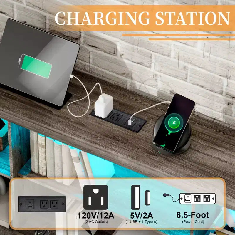 Cadre de lit AMERLIFE avec tête de lit bibliothèque LED, 4 tiroirs de rangement et station de recharge