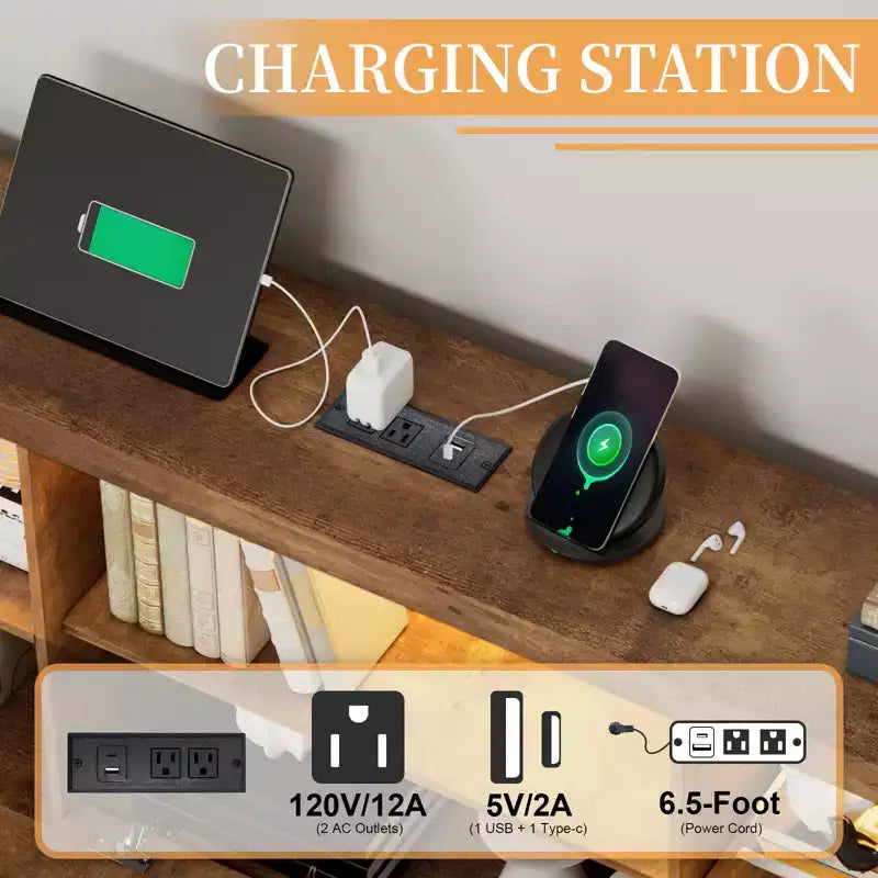 Cadre de lit AMERLIFE avec tête de lit bibliothèque LED, 4 tiroirs de rangement et station de recharge