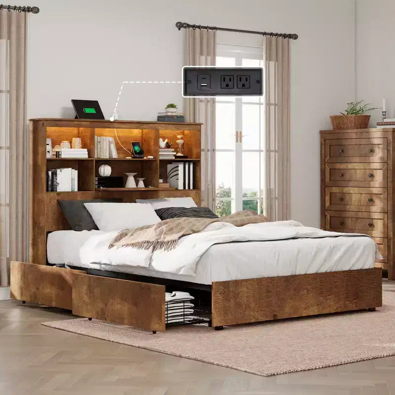 AMERLIFE Bed Frame with LED Bookcase Headboard, 4 Storage Drawers & Charging Station