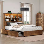 AMERLIFE Bed Frame with LED Bookcase Headboard, 4 Storage Drawers & Charging Station