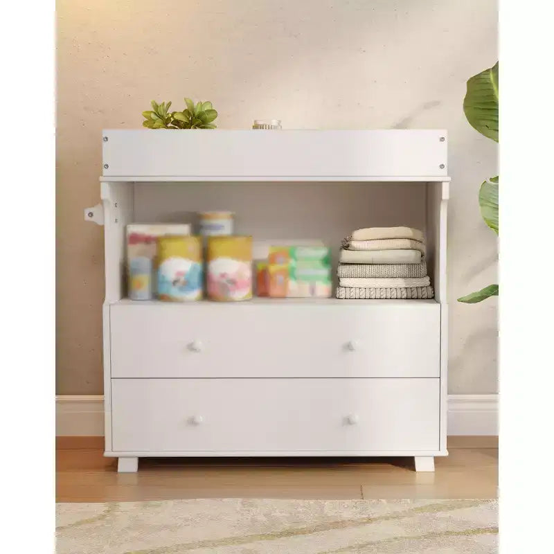 Commode à langer pour bébé, table à langer moderne en bois avec 2 tiroirs, station à langer multifonctionnelle pour chambre de bébé, chambre à coucher