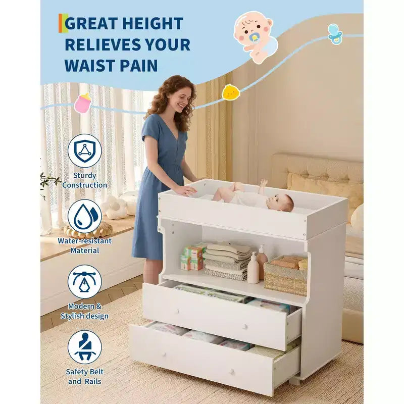 Commode à langer pour bébé, table à langer moderne en bois avec 2 tiroirs, station à langer multifonctionnelle pour chambre de bébé, chambre à coucher
