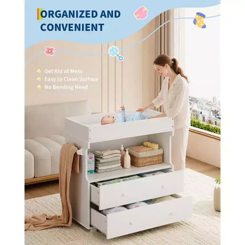 Commode à langer pour bébé, table à langer moderne en bois avec 2 tiroirs, station à langer multifonctionnelle pour chambre de bébé, chambre à coucher