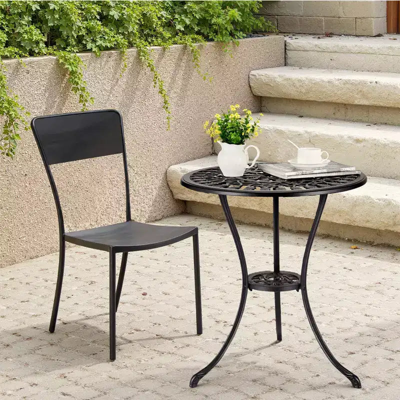 Table de bistrot ronde noire de 60 cm – Aluminium moulé, motif tulipe antique, avec trou de parasol de 6 cm, résistante aux intempéries pour véranda, balcon, bord de piscine