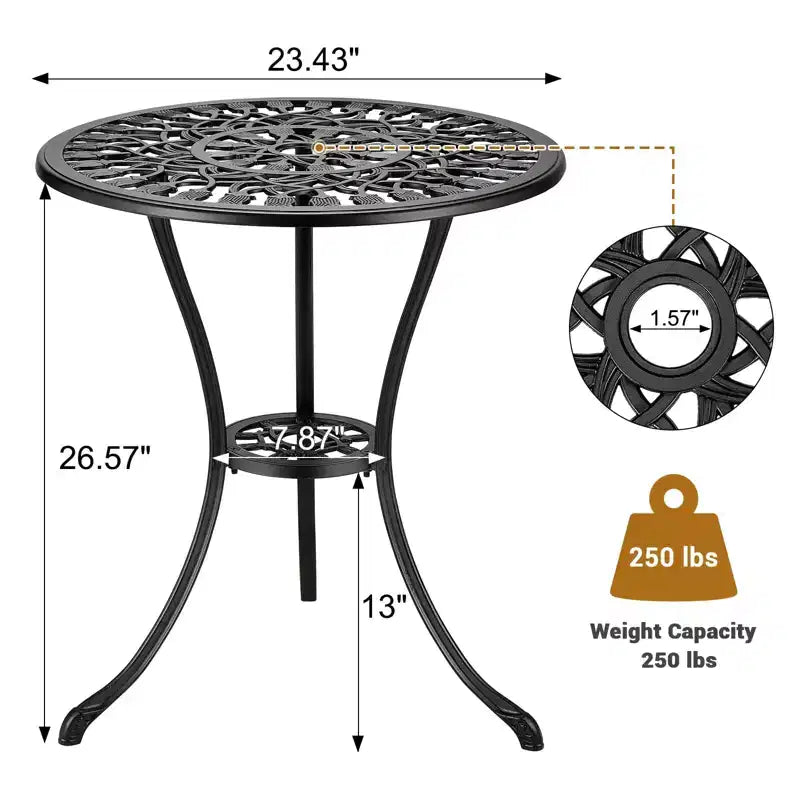 Table de bistrot ronde noire de 60 cm – Aluminium moulé, motif tulipe antique, avec trou de parasol de 6 cm, résistante aux intempéries pour véranda, balcon, bord de piscine