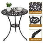 Table de bistrot ronde noire de 60 cm – Aluminium moulé, motif tulipe antique, avec trou de parasol de 6 cm, résistante aux intempéries pour véranda, balcon, bord de piscine